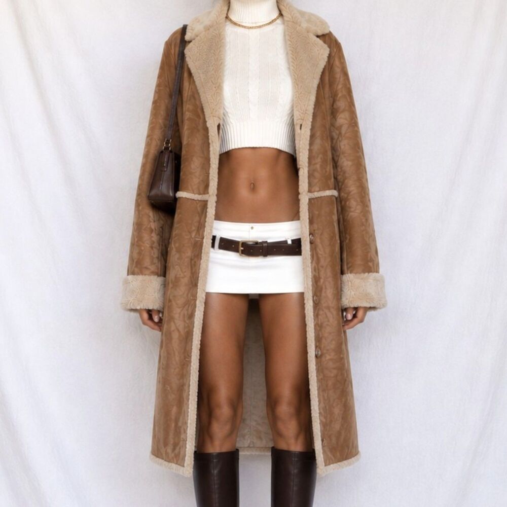 Vintage Y2K Brown Suede Faux Fur Lined Penny Lane Coat Long Jacket Size M
